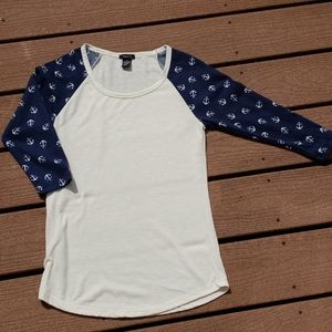 Rue21 shirt, navy sleeves with anchors, size S